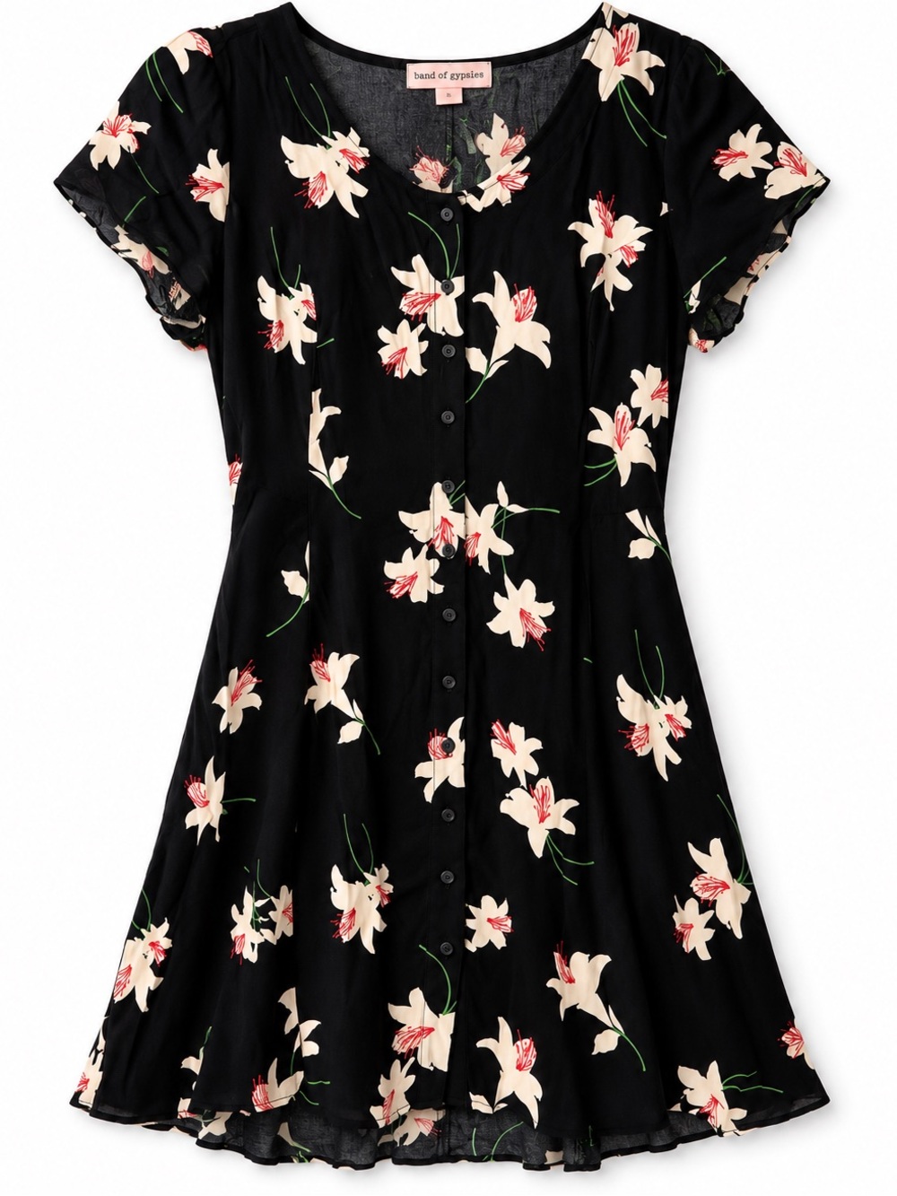 Band of Gypsies Floral Tie-Back Dress XL Black White Viscose Boho Pockets
